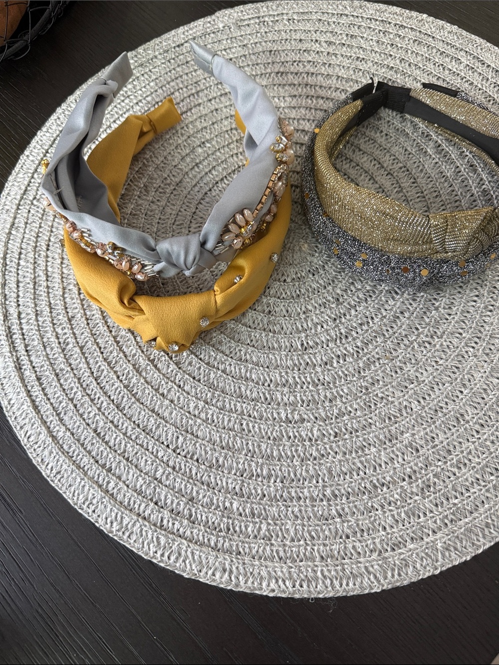 Embellished Knot Headbands - Mustard Yellow & Light Gray set of 4